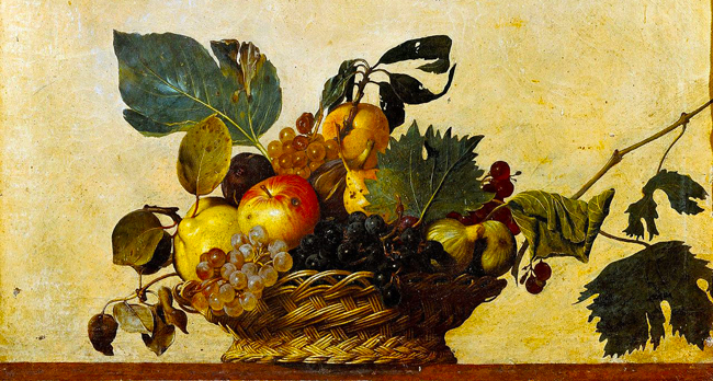 Caravaggio, Canestra di frutta, 1599. Olio su tela, 31 x 47 cm. Milano, Pinacoteca Ambrosiana