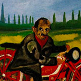 Antonio Ligabue, Autoritratto sulla moto, 1953, olio su faesite