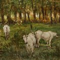 Giovanni Fattori (Livorno, 1825 - Firenze, 1908) - Buoi al pascolo nel bosco, olio su tela, cm 99 x 200