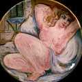 Aligi Sassu - La bella sui cuscini, 1949 - Terracotta dipinta sotto vetrina - Diam: 43 cm