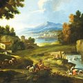 Marco Ricci - Grande paesaggio con fiume, lago e figure varie - Olio su tela, 202x291 cm