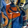 Serghei Jastrebzoff alias FÉRAT (1881-1958) - Figura femminile con ventaglio e chitarra, (1918-1920) - Sculto-pittura, olio e pigmenti metallici su peltro -Dim: 143 x 93 cm - Firmato in basso al centro: S. Férat - Esposto da: Roberto Capitani