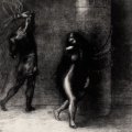 Odilon Redon - Saint-Antoine: A travers ses long cheveux qui lui couvraient la figure, j'ai cru reconnaire Ammonaria, 1889, Litografia stampata in nero su chine appliqu