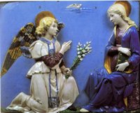 Andrea e Luca della Robbia il giovane'- Annunciazione, 1490/95 ca. - Formella a rilievo in terracotta invetriata policroma; cm 39 x 49 - Berlino, Staatliche Museen-Skulpturensammlung