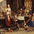 Joachim Anthonisz  Wttewael (1566 Utrecht - 1639 Utrecht) - Interno di cucina con parabola del grande banchetto, 1605, olio su tela, 65x98. Dopo il rifiuto di molti invitati alla sua festa, il ricco padrone di casa invita mendicanti e invalidi dalla strada per mangiare e bere al posto loro. Il dipinto mostra il vivace gruppo di povera gente nella sala sullo sfondo, mentre in primo piano la cucina è rappresentata come un palcoscenico, con i servitori alle prese gli attrezzi da cucina e grandi pesci, verdure e giochi vari. Nel dipinto si nota l'influenza della pittura italiana e francese attraverso l'ottimo utilizzo di colori e  tecnica che ne fa Wttewael