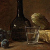 Jean Simon Chardin: Cesto di prugne, bottiglia e bicchiere d'acqua mezzi pieni, e due cetrioli, c. 1728 Olio su tela, cm 45 x 50,1 New York, The Frick Collection New York,  The Frick Collection