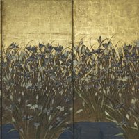 Giappone, Periodo Edo (1615-1868) XVIII sec., Scuola di Rimpa - Iris (Kakitsubata), paravento a sei ante, inchiostro (sumi), colori minerali e vegetali su foglia d'oro, h cm 128,5x356