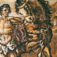 Giorgio de Chirico: Ippolito con il suo cavallo preferito sui monti dell'Isola di Creta, olio su tela, 50x40 cm, 1955