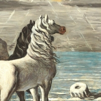 Giorgio de Chirico: Cavalli in riva al mare, olio su tela, 50x40 cm, 1962-63