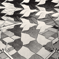 Maurits Cornelis Escher - Giorno e notte, 1938 - Xilografia a due colori - Dim: 39,3 x 67,8 cm