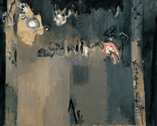 Alberto Gianquinto - Due figure guardano la luna diventar piccola, dopo il suo sorgere, 2002 - Olio su tela, cm 81 x 100 - Collezione privata