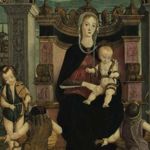 Maestro della pala Bertoni: Madonna con il Bambino, san Giovanni Evangelista, il beato Jacopo Filippo Bertoni e quattro angeli, tavola, 136,5 x 200 cm