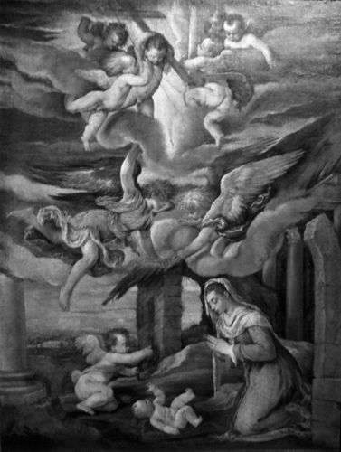 Jacopo Bassano. Adorazione del Bambino e gli angeli con gli strumenti della passione, 1556-57. Olio su tela - Dim: 75,7 x 99,3 cm