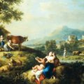 Francesco Zuccarelli -  Paesaggio fluviale con pastorelle e armenti - Olio su tela, 116,8x132,1 cm