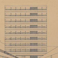 Cesare Cattaneo, Progetto per una Casa dello Studente in un importante centro universitario - Tavola 8: a) prospettiva della corte interna, b) interno della sala conferenze, c) edificio alloggi studenti; 1:100, 1934, Archivio Cattaneo, Cernobbio