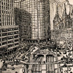Erich Kettelhut, Bozzetto per la scenografia di Metropolis di Fritz Lang. Prima versione. Veduta di una strada su pi livelli con grattacieli e una chiesa. 1925. Matita e penna su carta. 34,5x41,5 cm. Berlin, Stiftung
