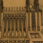 Antonio Sant'Elia, Stazione d'aeroplani e treni con funicolari e ascensori su tre piani stradali, inchiostro nero, matita nera e pastello grigio su carta da lucido, 507  408 mm, documentato al 1914