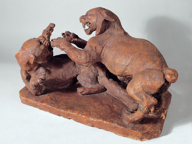 Antonio Ligabue, Animali in lotta, terracotta, anni Trenta - Quaranta, 26x40x22 cm.