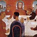 Aligi Sassu, 1929 Tempera su tela, cm 70 x 100. collezione privata. Il tema del sacro, una futura costante tematica di Sassu, gli  ispirato sia da riflessioni personali sia dalla presenza a Milano di Persico. In questo primo esempio pittorico troviamo seduti alla tavola del Cristo personaggi in abiti moderni: giacche con cravatta, maglioni con camicia e capelli corti. Anche il paesaggio che si scorge al di l delle tre arcate della parete di fondo  moderno. La nuova periferia urbana con le sue case di struttura razionale, spesso intonacate con colori squillanti, compare nel dipinto a testimoniare la nuova forma della "citt che sale", soggetto tipico del futurismo intorno al 1930