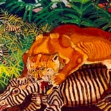 Antonio Ligabue, Leonessa che azzanna una zebra, 1950-55, olio su faesite, 72 x 88 cm