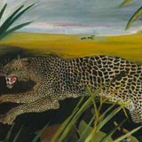 Antonio Ligabue, Leopardo con bufalo e iena, olio su tela cm 83 x126