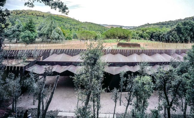 Veduta dell'interno della cantina verso la sala di degustazione. Le fenditure tra le lastreconsentono all'aria, alla luce e alla pioggia di entrare e creare ombre mutevoli 