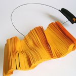 Collana, lamelle in carta leggera Fabriano Ingres giallo oro, Notturno Cordenons 90 g, 2007, 11x22x4 cm, 8,5x3x1,5 cm