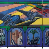 Fortunato Depero: Ali italiane.Trionfo del tricolore (separé a 4 ante), Legno dipinto Livorno, Collezione privata