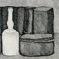 Giorgio Morandi: Natura morta con nove oggetti, 1954, Acquaforte, mm 180 x 250. Bologna, Museo Morandi