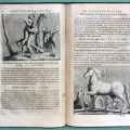 Leonardo Da Vinci, Trattato della Pittura, Parigi, 1651, Pagina 76 e 77 del Trattato: testo con figure umane e cavallo