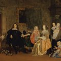 Gabriel Metsu (1629 Leiden - 1667 Amsterdam) - La famiglia del sindaco di Amsterdam, Gillis Valckenier, 1657 circa, olio su tela, 72x79. La nobile famiglia è riunita nel magnifico salone dalle pareti dorate e dalle cornici dei quadri lavorate finemente. Dai primianni di attività in cui strutturava le scene in maniera dinamica, Metsu passa ad una rappresentazione più statica delle figure. Il modello cui si ispira al suo trasferimento ad Amsterdam è ter Borch. Questo dipinto mostra chiari riferimenti alla pitturafrancese, che stava iniziando a divenire influente in Olanda per la raffinata stesura del colore e decorazione dei dettagli