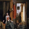 Pieter de Hooch (1629 Rotterdam - 1683 Amsterdam) - La Madre, 1661-63 circa, olio su tela, 95,2x102,5. Qui l'ambiente in primo piano lascia intravedere una seconda stanza prima di arrivare all'esterno. La luce del sole contribuisce ad aumentare l'illusione spaziale illuminando personaggi e oggetti con vari gradi di intensità, e riflettendosi nel pavimento a piastrelle. De Hooch spesso mostra donne impegnate in lavori quotidiani, qui una giovane madre dà da mangiare al suo bambino. Il gesto di aprire o chiudere il corsetto, il cane che si muove accanto alla padrona, la bambina che sta per uscire dalla porta; tutti questi dettagli danno al quadro la stessa qualità di uno scatto fotografico oltre che rafforzare l'organizzazione tridimnsionale della scena