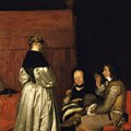 Gerard ter Borch (1617 Zwolle - 1681 Deventer) - L'ammonimento paterno, 1654-55 circa, olio su tela, 71,4x62,1. La scena si svolge in un casino, la gestualità del giovane ufficiale e la sua posa non lasciano dubbi. Il punto focale del dipinto è la figura femminile, girata di spalle  allo spettatore e vestita con un abito in ricco raso. La resa dei tessuti è una preziosacaratteristica di ter Borch, apprezzata e lodata dai suoi contemporanei. La caratteristica di ritrarre donne voltate di spalle è tipica dell'artista e nella tela si nota il contrasto tra il luogo sceto per il dipinto e la sua reticenza