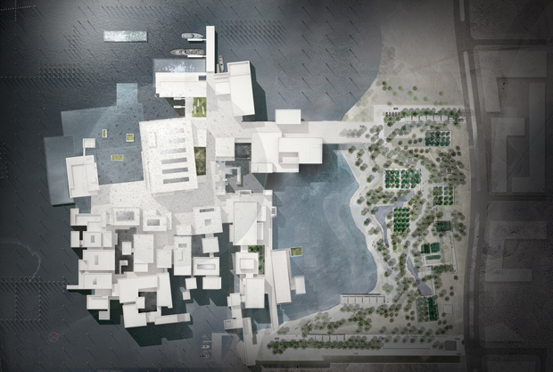 Vista esterna © TDIC, Design: Ateliers Jean Nouvel Planimetria senza la cupola © TDIC, Design: Ateliers Jean Nouvel