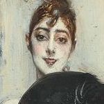 Giovanni Boldini - Donna in nero che guarda il Pastello della signora Emiliana Concha de Ossa, c. 1888 - Olio su tavola, Dim: 80,5 x 64,5 cm - Ferrara, Galleria d'Arte Moderna e Contemporanea Museo Giovanni Boldini
