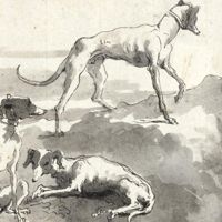 Domenico Tiepolo: Tre cani sulla roccia china e acquerello su lastra (pen and grey wash), cm 14x20. Torino, collezione privata