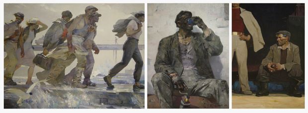 01 Tair Salchov - Dopo il turno di lavoro, 1957. Particolare - Olio su tela<br>02 Michail Trufanov - Minatore, 1959. Particolare - Olio su tela<br>03 Viktor Popkov - Costruttori di Bratsk, 1960. Particolare - Olio su tela