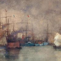 Paolo Sala, Sul Tamigi, 1900-1905 circa - Acquerello su cartone, 67 x 111 cm - Galleria d'Arte La Colomba, Viganello