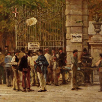 Filippo Carcano - L'ora del riposto durante i lavori dell'Esposizione, 1881 - Olio su tela, 70,5 x 122 cm - Galleria d'Arte Moderna Milano