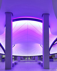 View of sculptural representation of airflow patterns from behind in Mathematics: The Winton Gallery