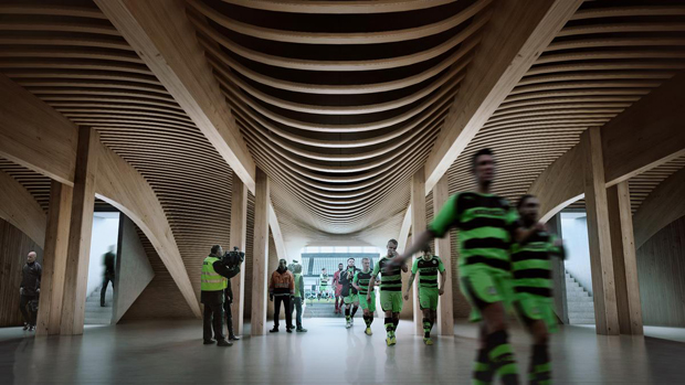 Zaha Hadid. Stadio in legno per la Forest Green Rovers, Inghilterra Zaha Hadid. Stadio in legno per la Forest Green Rovers, Inghilterra